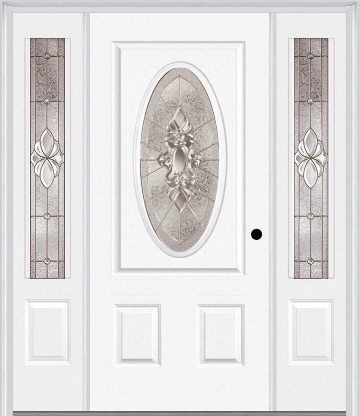 MMI SMALL OVAL 2 PANEL 6'8" FIBERGLASS SMOOTH HEIRLOOMS BRASS OR HEIRLOOMS SATIN NICKEL EXTERIOR PREHUNG DOOR WITH 2 HEIRLOOMS BRASS/SATIN NICKEL 3/4 LITE DECORATIVE GLASS SIDELIGHTS 949